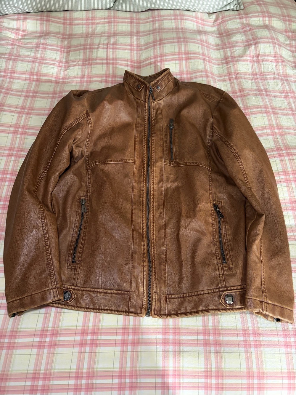 Brown Leather Jacket with Zipper Pockets